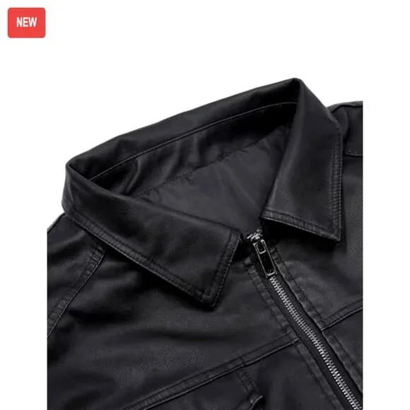 Men's Moto Biker Jacket Faux Leather Windproof Coat Size M